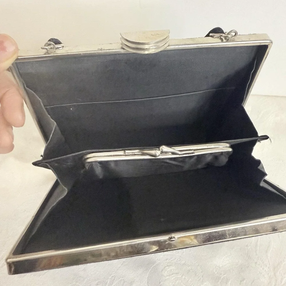 Vintage black Hinged suede evening bag silver frame 'H' logo interior coin purse